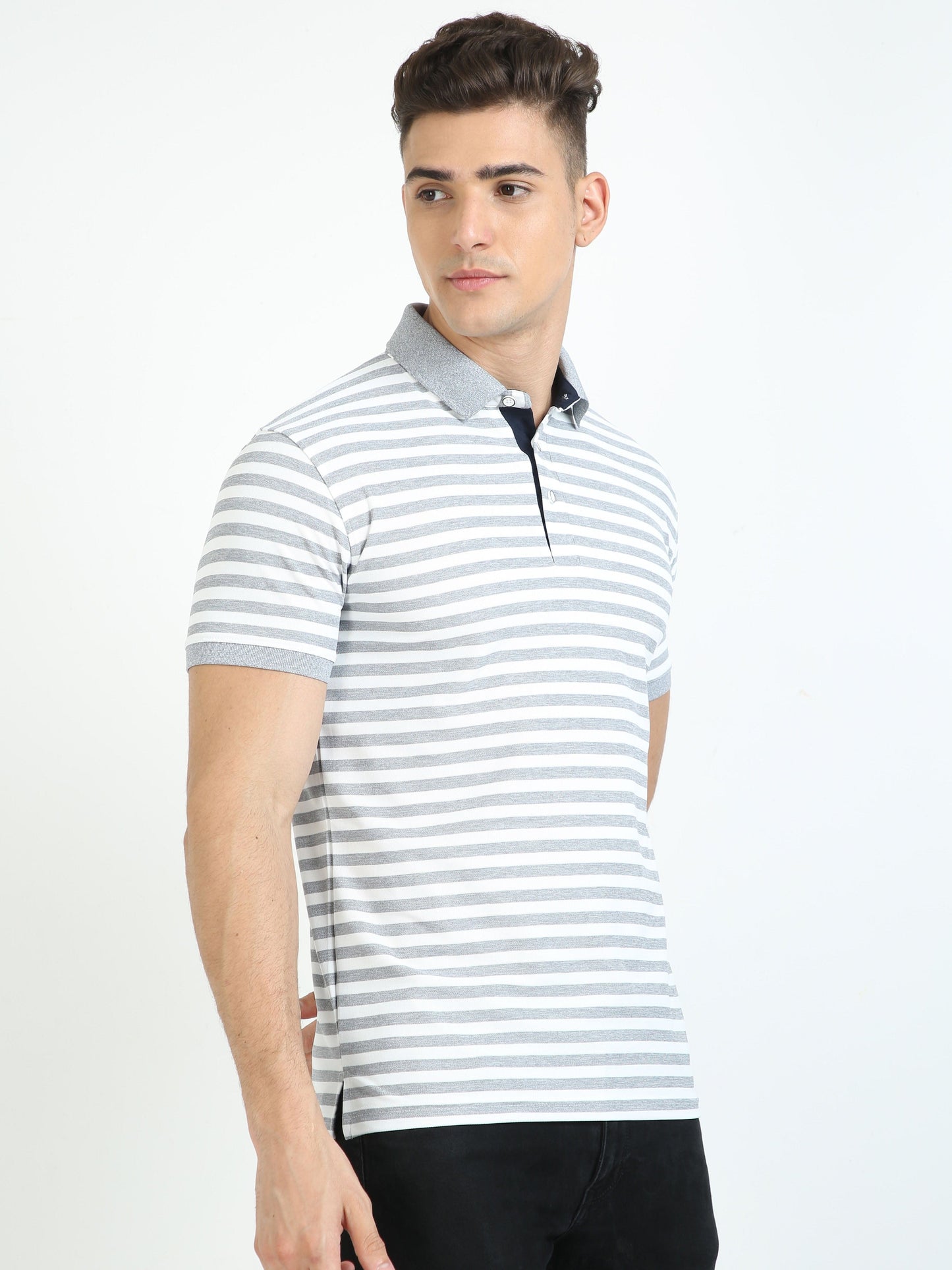 White & Grey Stripe Men's Polo T-shirt