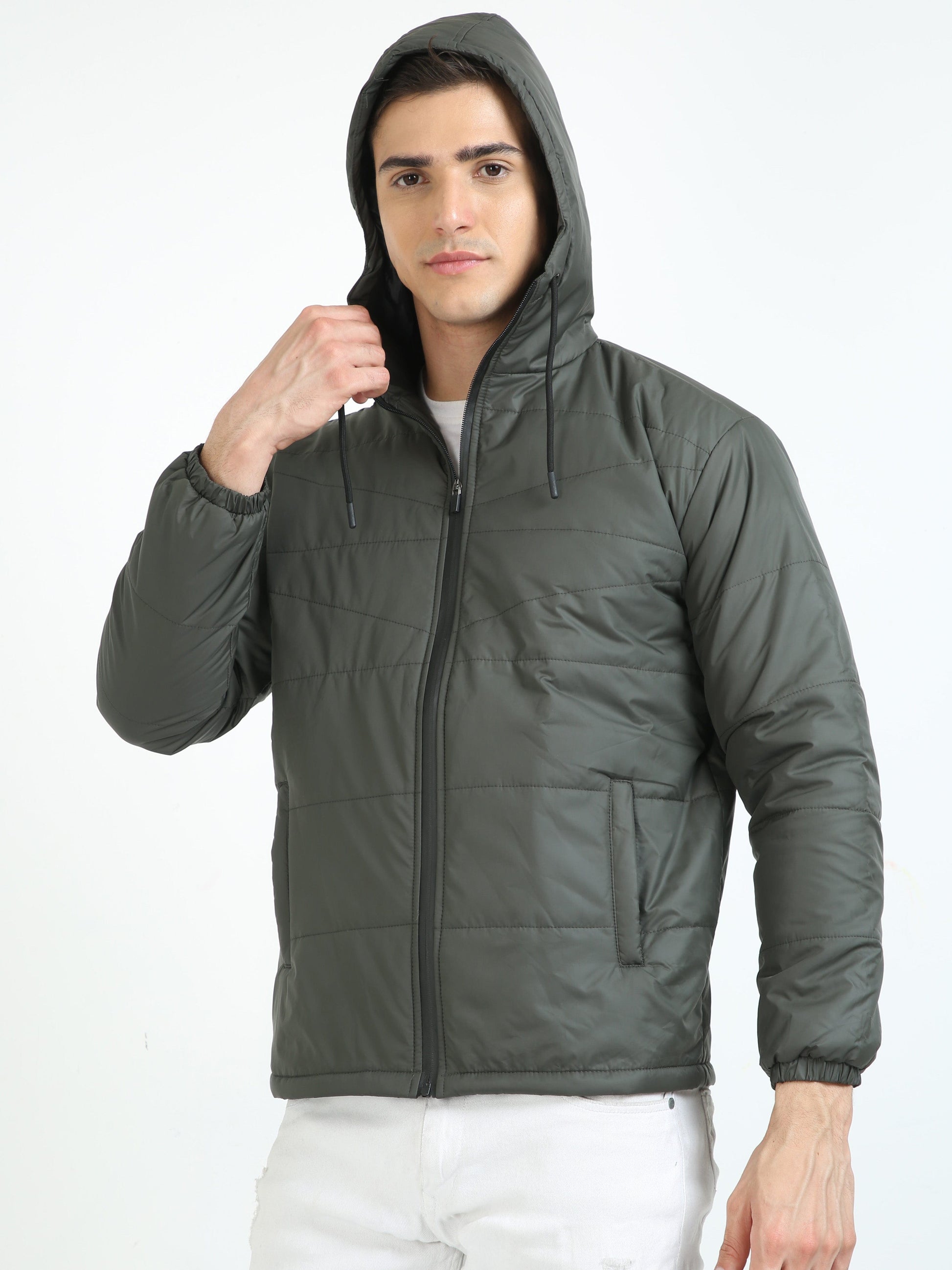 Olive Green Bomber With Hood Jacket
