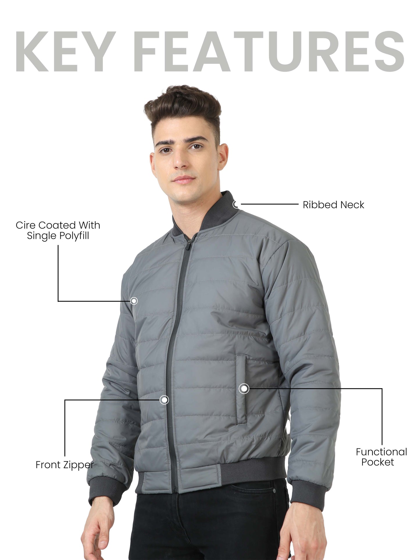 Men Grey Bomber Rib Style Jacket