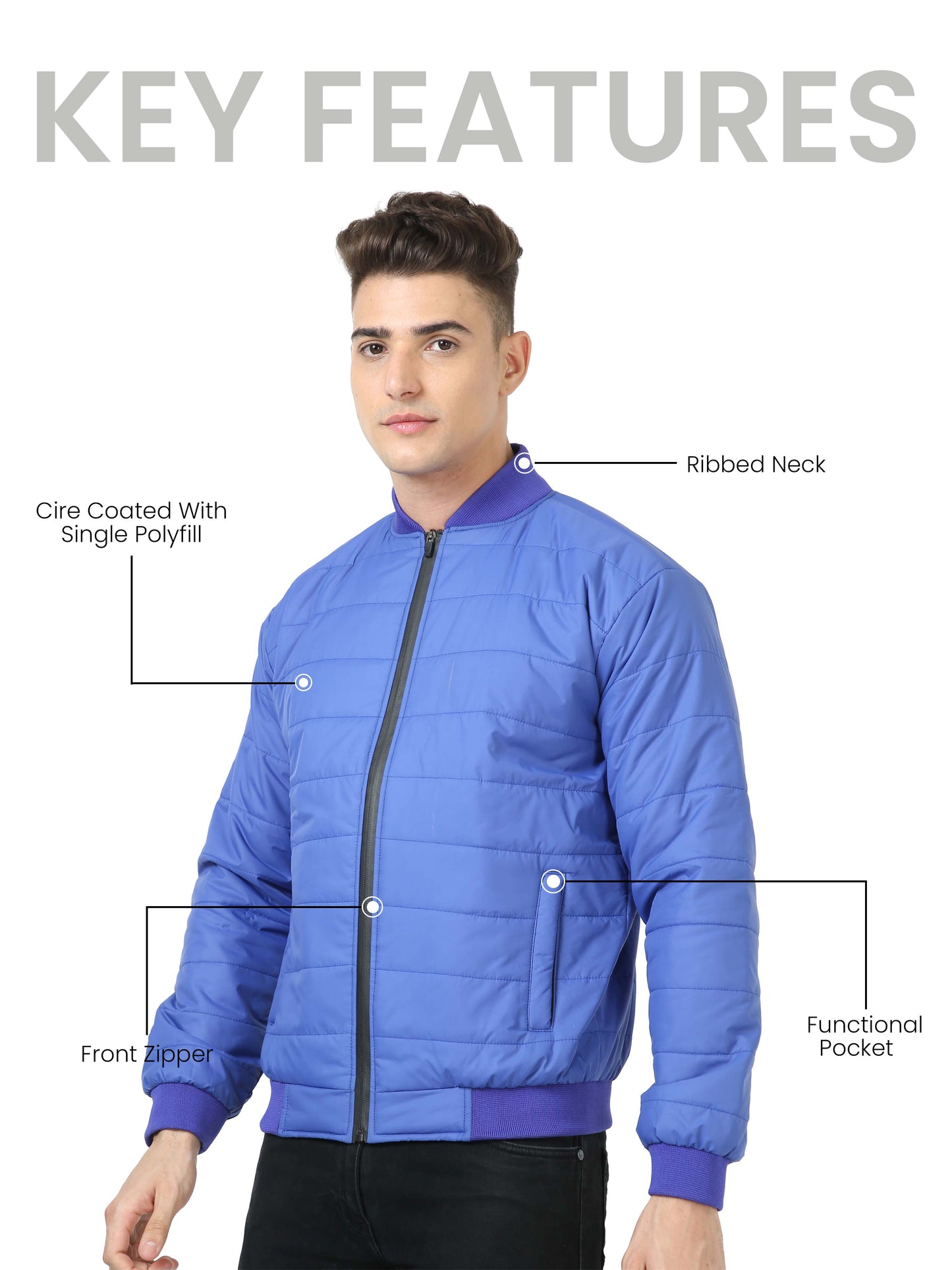 Men Imperial Blue Bomber Rib Style Jacket