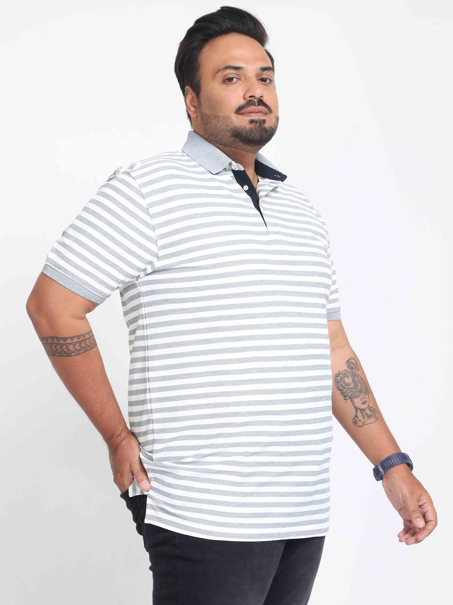 Plus Size White & Grey Stripe Men's Polo T-shirt