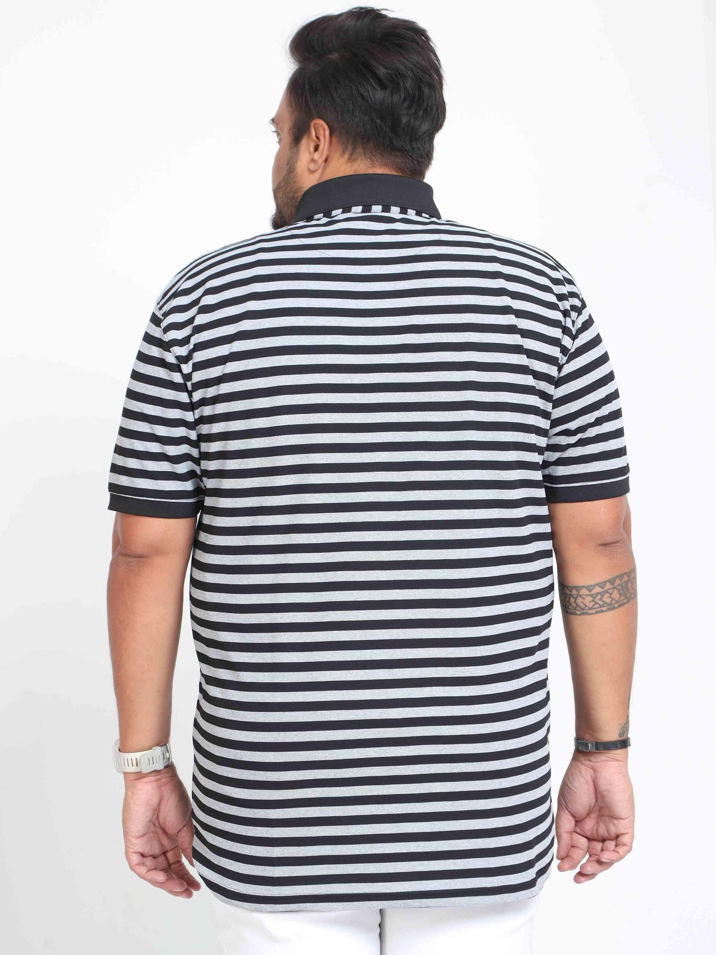 Plus Size Black & Grey Stripe Men's Polo T-shirt