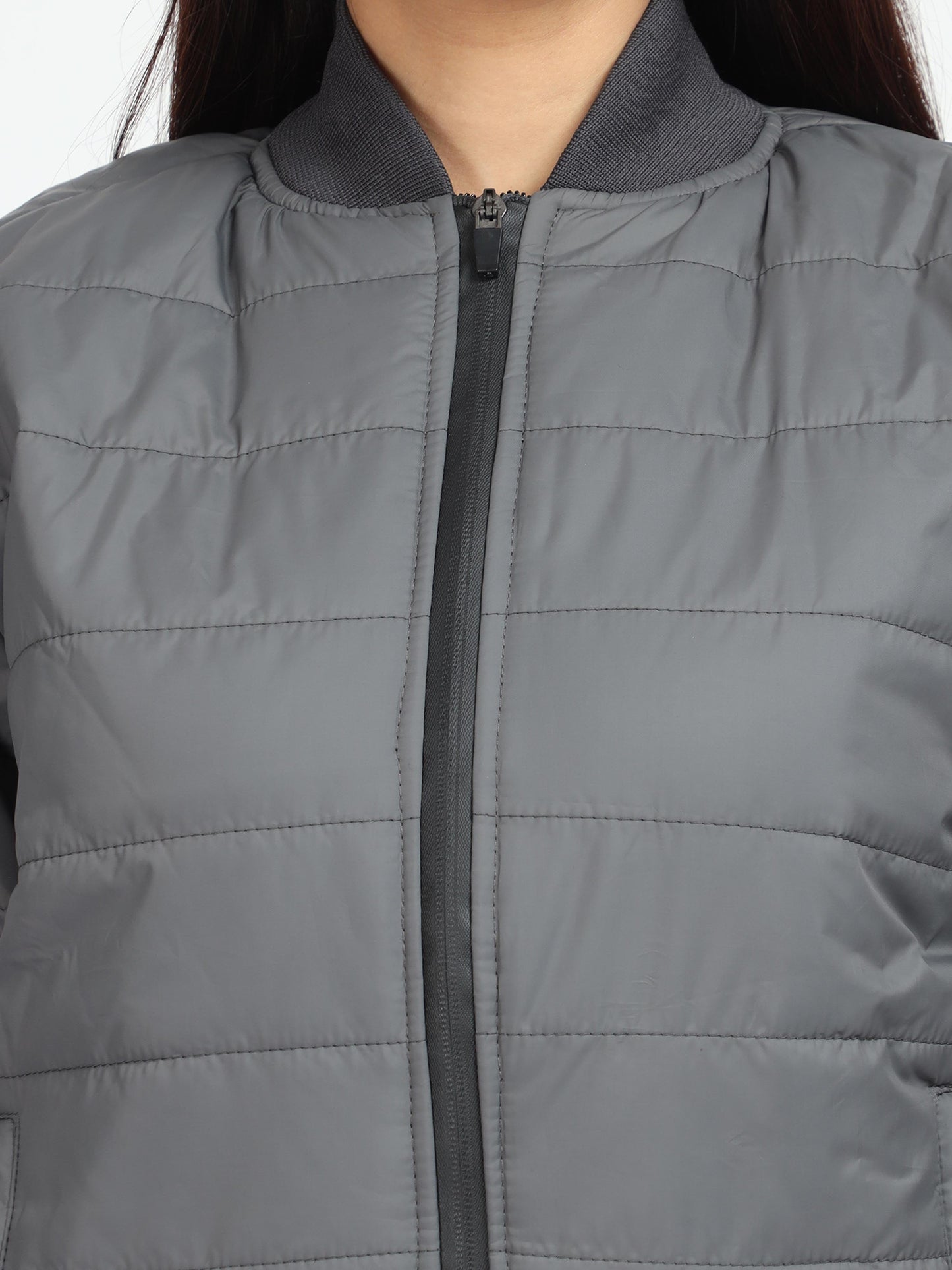 Women Grey Bomber Rib Style Jacket